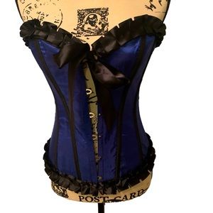 Adore Me lace up back corset in black & royal blue satin . Boudoir, costume Sm